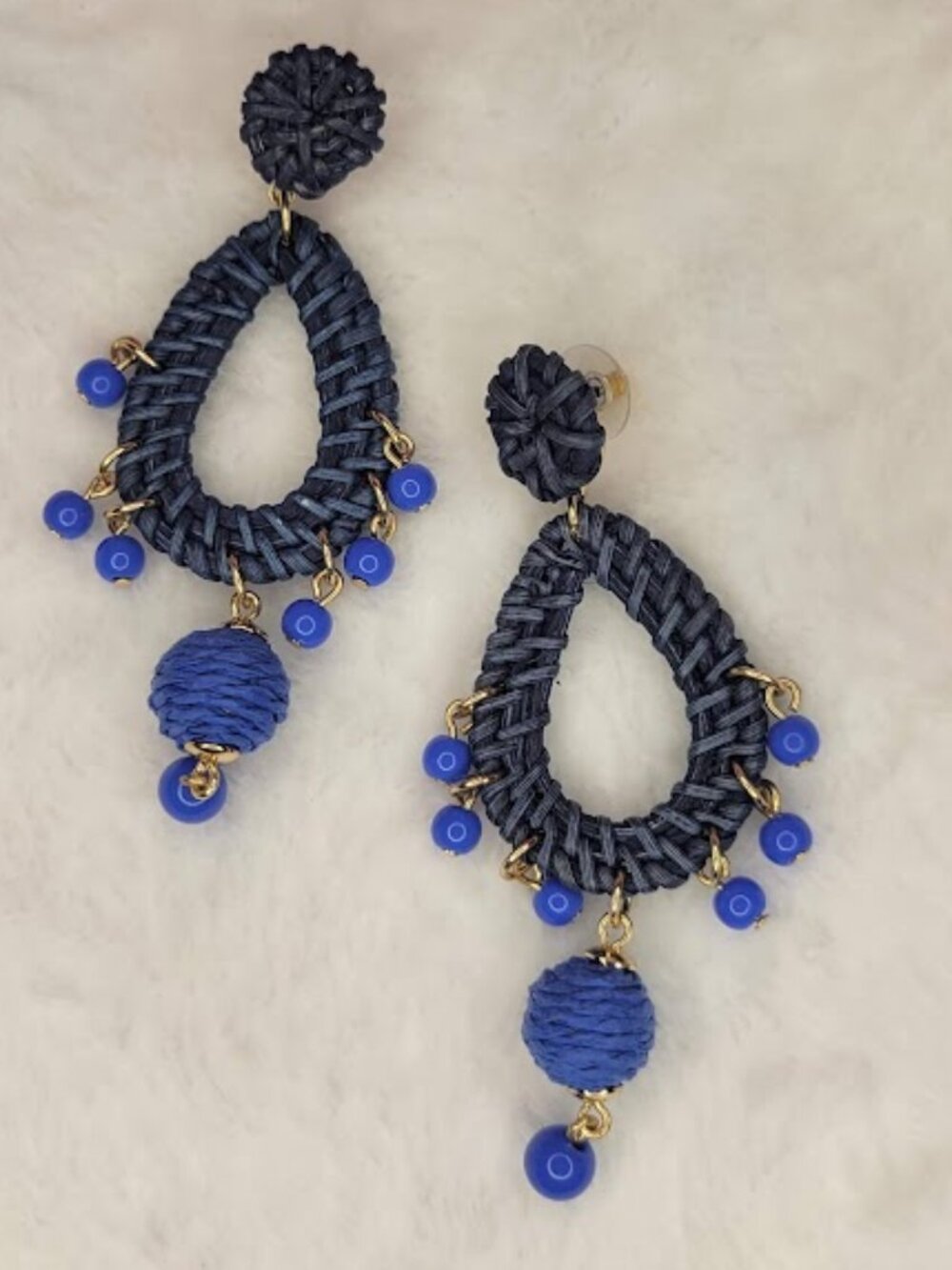 Lilly Pulitzer Alba Blue Raffia Beaded Statement Earrings